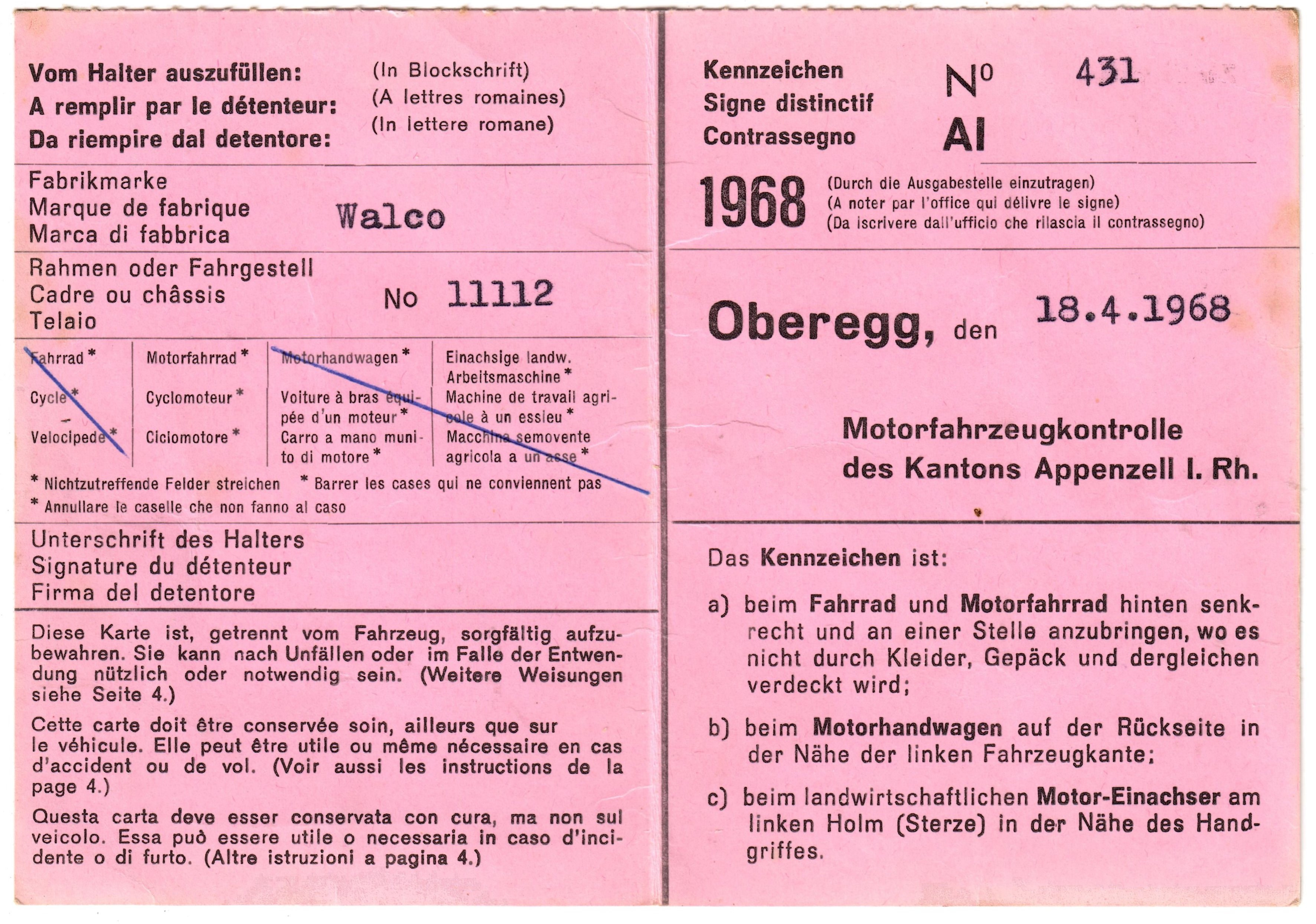 Ausweis für Fahrräder und gleichgestelle Fahrzeuge